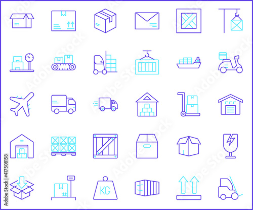 Set of logistics and delivery icons line style. It contains such Icons as box, shopping, commerce, retail, trade, merchandise, container, vehicle, truck and other elements. 