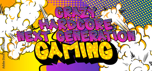 Pc or Console gaming, Gamer related words, quote on Comic book style background. Poster, banner, template. Cartoon explosion expression. Vector illustrated.