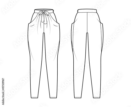 Harem pants technical fashion illustration with bow, normal waist, high rise, slash pockets, draping front, full lengths. Flat bottom apparel template back, white color. Women, men, unisex CAD mockup