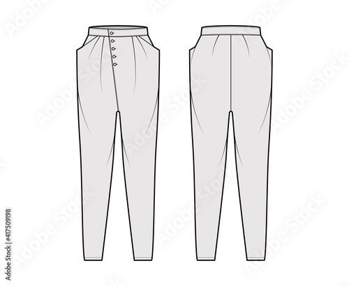 Tapered Baggy pants technical fashion illustration with low waist, rise, slash pockets, draping front, full lengths. Flat bottom apparel template back, grey color style. Women, men, unisex CAD mockup