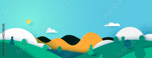 Green nature landscape scenery banner background paper art style.Vector illustration.