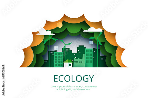 Paper art of Sustainability in green eco city, alternative energy and ecology conservation concept landing page website template background.Vector illustration.
