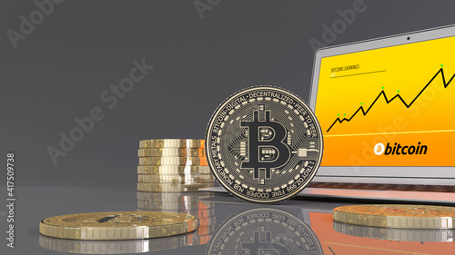 3D rendering of bicoins surrounding a notebook displaying a chart of crypto currency earnings photo