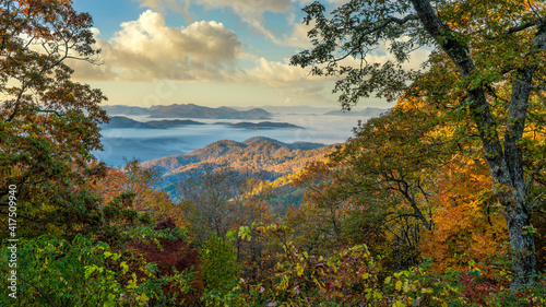Blue Ridge Parkway - early morning autumn fog and clouds