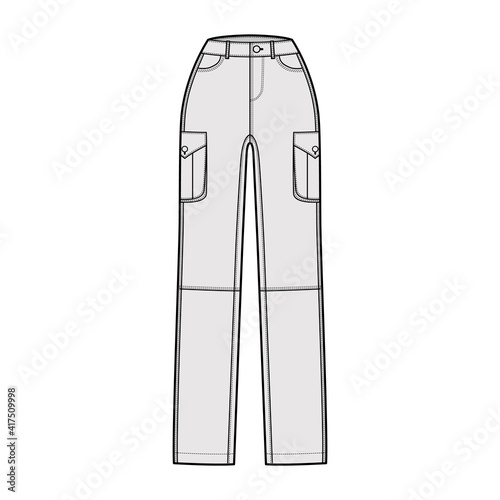 Set of Jeans cargo Denim pants technical fashion illustration with normal waist, high rise, pockets, belt loops, full lengths. Flat bottom template front, grey color style. Women, men CAD mockup