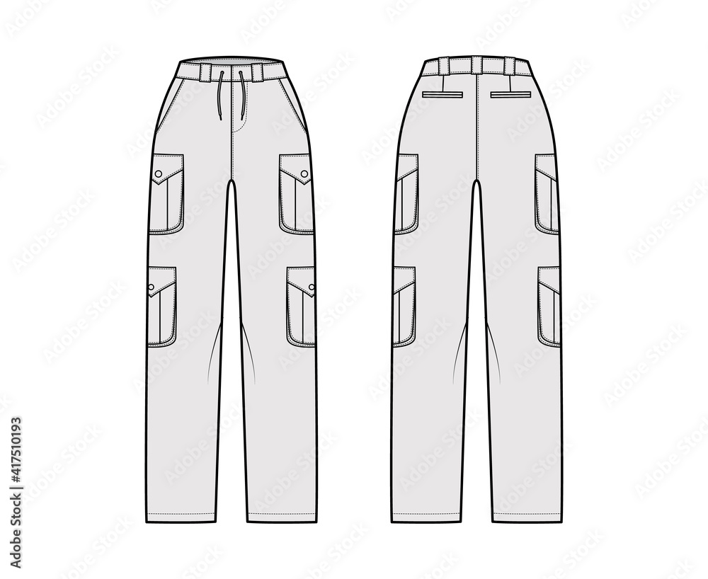Set of cargo pants technical fashion illustration with normal waist ...