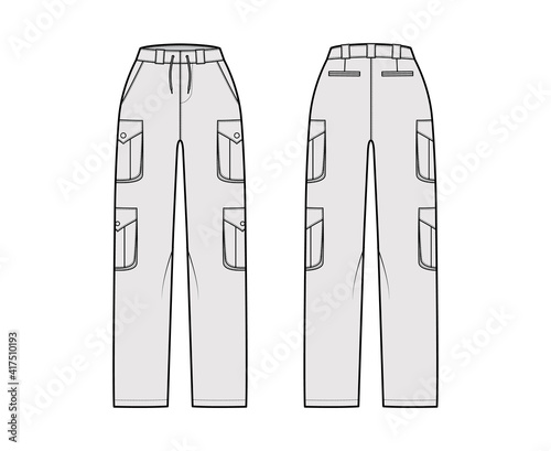 Set of cargo pants technical fashion illustration with normal waist, high rise, pockets, belt loops, full lengths. Flat bottom apparel template front back grey color style. Women men unisex CAD mockup