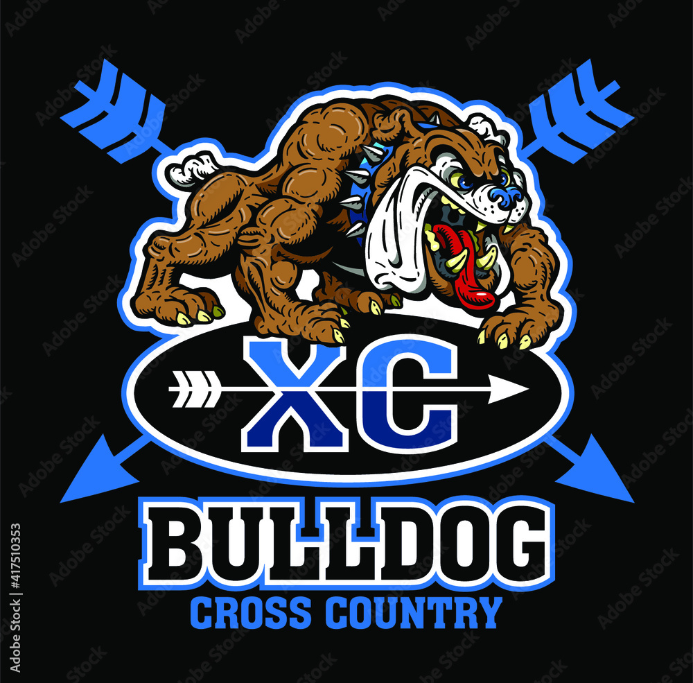 bulldog cross country team design with full body mascot and arrow for school, college or league
