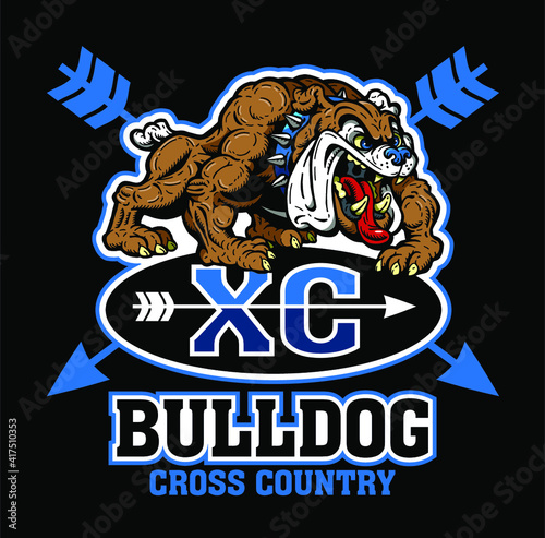 bulldog cross country team design with full body mascot and arrow for school, college or league