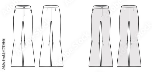 Pants bell-bottom technical fashion illustration with normal waist, high rise, slant pockets, wide legs, full length. Flat apparel template front, back, white, grey color. Women, men unisex CAD mockup