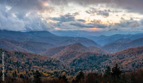 Setting autumn sun on the southern stretch of  Blue Ridge Parkway - North Carolina  