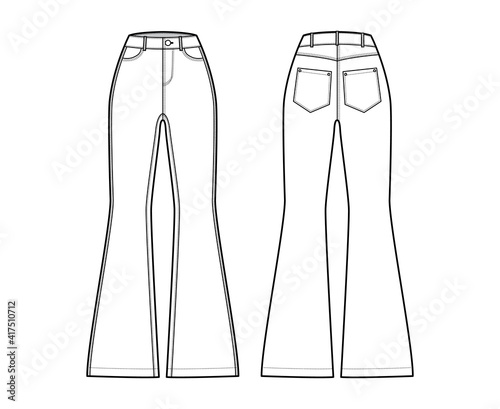 Jeans flared bottom Denim pants technical fashion illustration with full length, normal waist, high rise, Rivets. Flat bottom apparel template front back white color style. Women men unisex CAD mockup