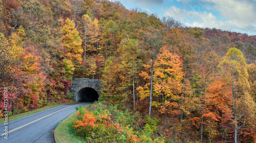 Beautiful autumn fall colors at tunnel entrance on the Blue Ridge Parkway near Asheville - North carolina