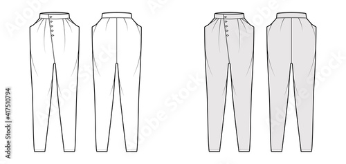 Tapered Baggy pants technical fashion illustration with normal waist, high rise, slash pockets, draping front. Flat bottom apparel template back, white, grey color style. Women, men, unisex CAD mockup