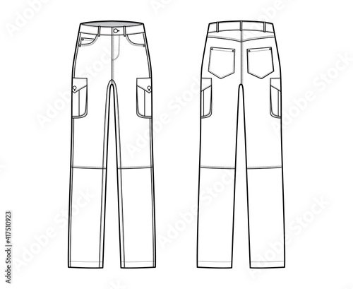 Set of Jeans cargo Denim pants technical fashion illustration with low waist, rise, pockets, belt loops, full lengths. Flat bottom apparel front back, white, color style. Women, men, unisex CAD mockup