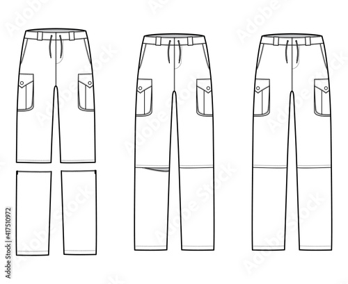 Set of Zip-off convertible pants technical fashion illustration with low waist, box pleated cargo jetted pockets, drawstring. Flat template front white color style. Women, men, unisex CAD mockup