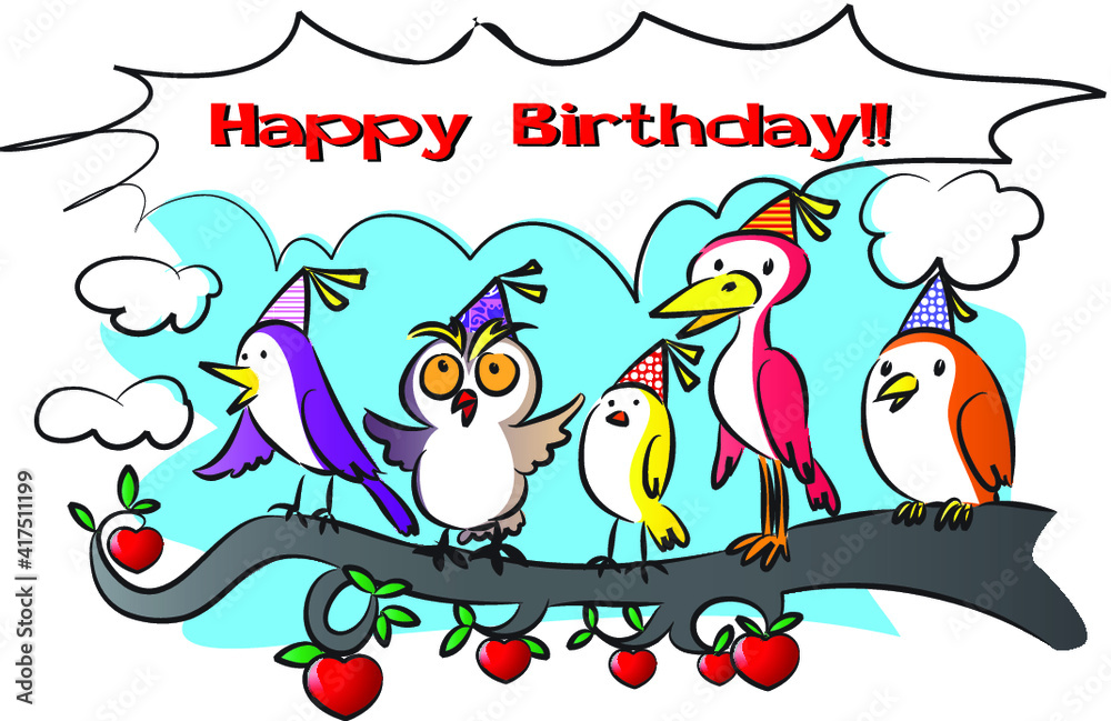 vector cartoon birds greeting card: happy birthday Stock Vector | Adobe ...