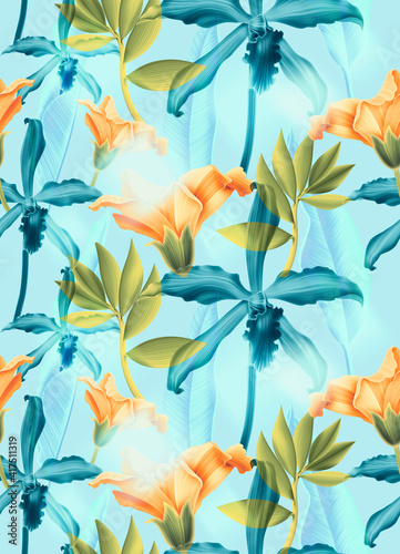 Fototapeta Naklejka Na Ścianę i Meble -  Seamless pattern with Tropical flowers and leaves design. Stylish trendy fashion floral pattern. Floral Texture for fabric.
