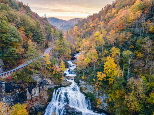 Morning Autumn view of Cullasaja Falls on US Highway 64,  Mountain Waters Scenic Highway & Waterfall Byway near Highlands, North Carolina - Nantahala National Forest photo