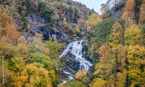 Morning Autumn view of Cullasaja Falls on US Highway 64,  Mountain Waters Scenic Highway & Waterfall Byway near Highlands, North Carolina - Nantahala National Forest photo