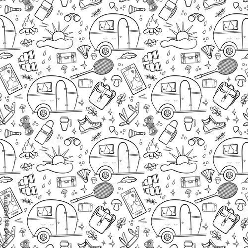 Hiking and camping seamless pattern with travel elements. Seamless pattern for design, posters, backgrounds Hiking, travel and camping theme.Camper, campfire, map, binoculars in line style.