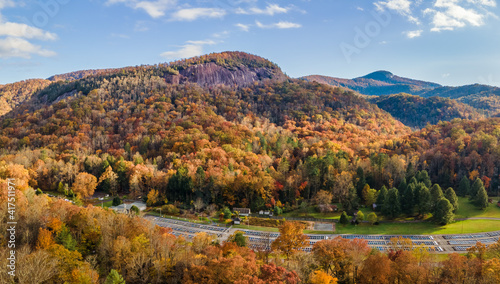 Autumn view of the Pisgah Center for Wildlife Education & Fish Hatchery near Brevard, North Carolina and the Blue Ridge Mountains