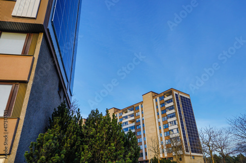 Canvas Print Stockholm, Sweden Solar panels on the facade of a residential building in Jakbobsberg