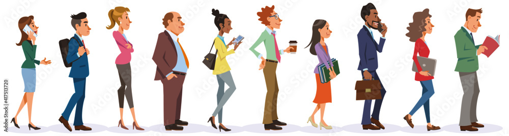 Set of business people standing in line. Diverse office workers standing with smile on white background. Vector illustration in flat cartoon style. Set of business people standing in line. Diverse office workers standing with smile on white background. Vector illustration in flat cartoon style.