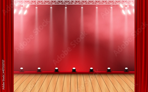 wooden stage with spotlight and smoke in the hall
