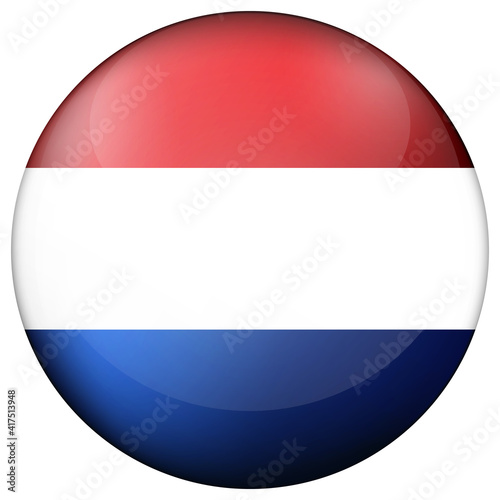 Glass light ball with flag of Netherlands. Round sphere, template icon. Dutch national symbol. Glossy realistic ball, 3D abstract vector illustration highlighted on a white background. Big bubble.