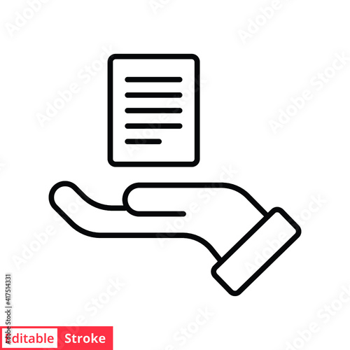 Document handover line icon. Simple outline style file symbol. Ownership, transfer, academy, business agreement concept. Vector illustration isolated on white background. Editable stroke EPS 10.