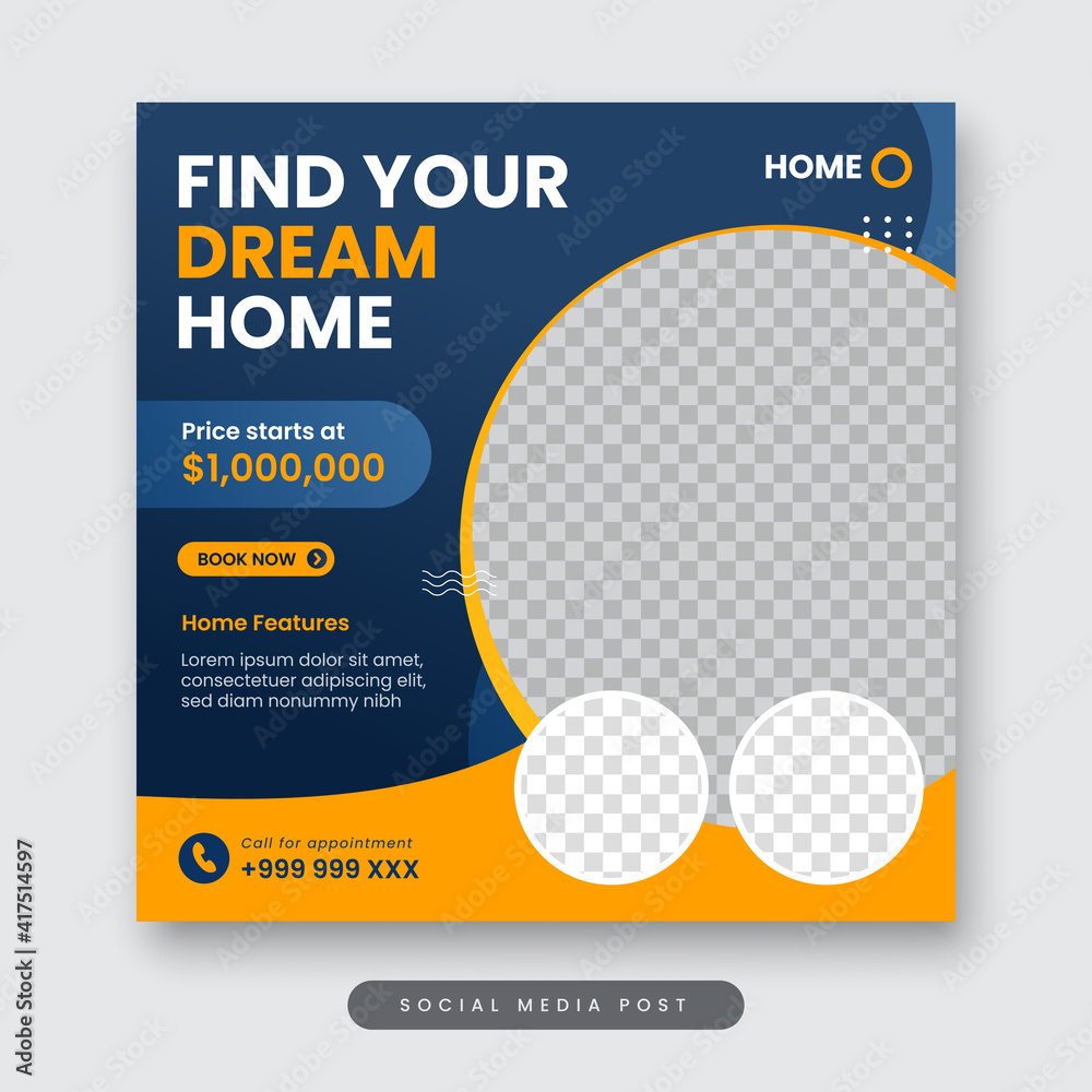 Real estate social media post template. Home for sale banner Real estate social media post template. Home for sale banner