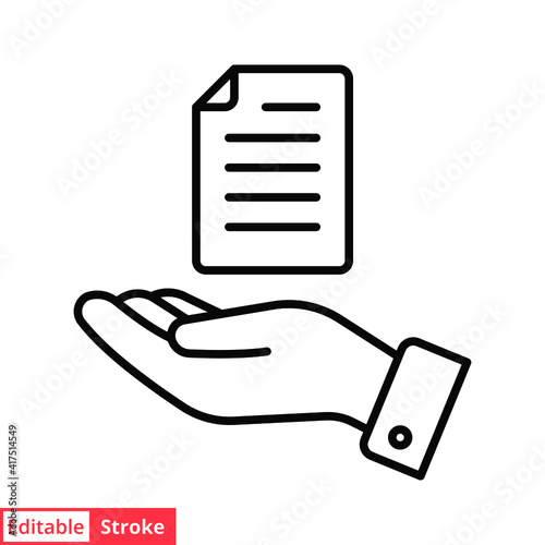 Document handover line icon. Simple outline style file symbol. Ownership, transfer, academy, business agreement concept. Vector illustration isolated on white background. Editable stroke EPS 10.