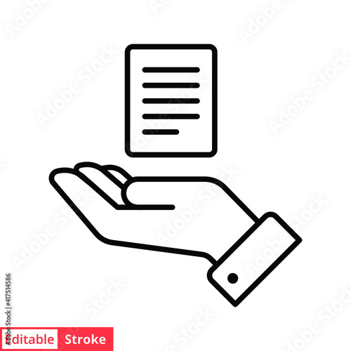 Document handover line icon. Simple outline style file symbol. Ownership, transfer, academy, business agreement concept. Vector illustration isolated on white background. Editable stroke EPS 10.