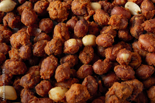 View of dry masala peanuts. Spicy peanuts with a coat of spices and fried