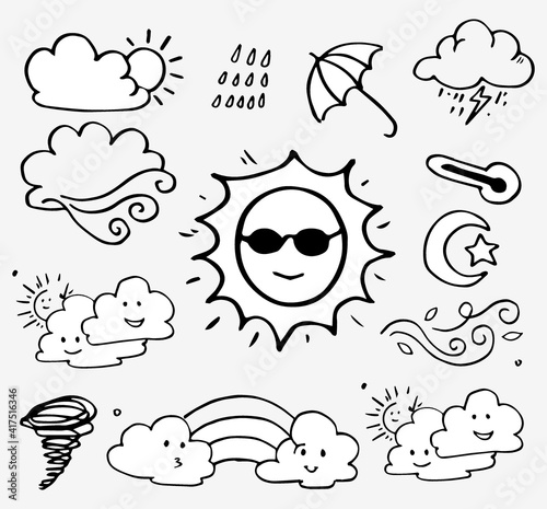 weather doodle vector set illustration with hand draw line art style vector  star  sun