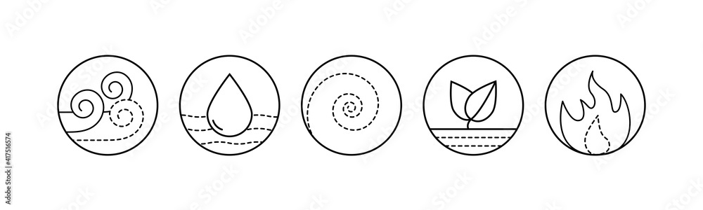 Five elements of Ayurveda vector outline illustration. Circle icon of ...