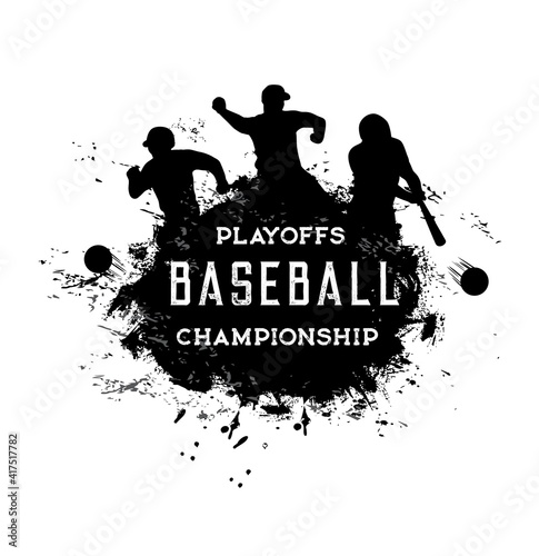 Baseball playoffs championship vector grunge label or emblem with black silhouettes of playing sportsmen in helmet with bat hit ball on stadium, sport game tournament, on white background