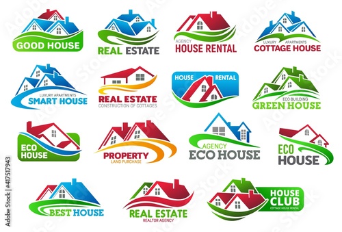 Realtors real estate icons with cottage houses. Rental apartments, land for house construction purchase and eco mansion sale offer. Real estate agency, broker company emblems with cottage roof vector