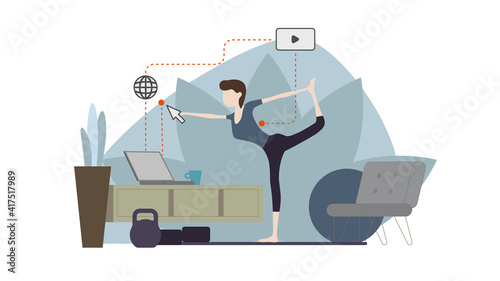 Woman practicing yoga at home via the internet