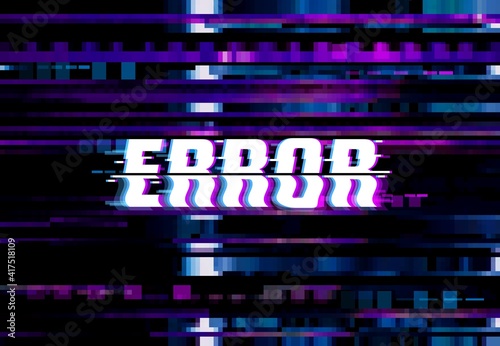 Error page with glitch effect, vector abstract background, no signal screen with glitched random elements on black backdrop. Vintage poster with digital noise distortion, messy and noisy pixel pattern