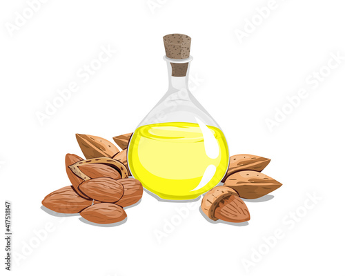 Isolated a glass bottle of almond oils and seeds on white background. Close up hand drawing natural ingredients vector illustration.