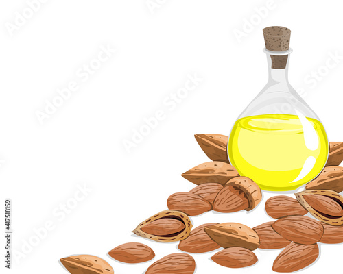 Isolated a glass bottle of almond oils and seeds on white background. Close up hand drawing natural ingredients vector illustration.