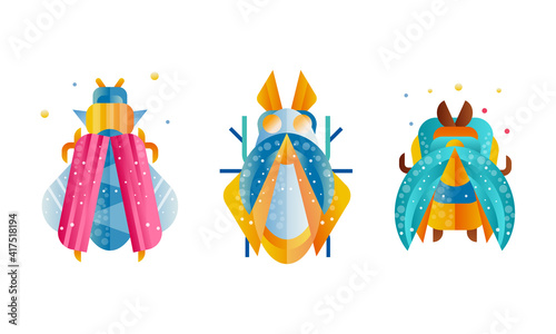 Collection of Colorful Insects, Top View of Cute Beetles Cartoon Vector Illustration