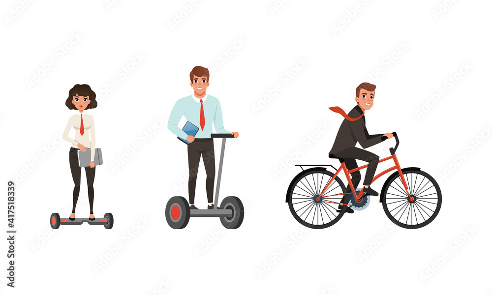 Business People Using Modern Personal Eco Friendly Transport Set Cartoon Vector Illustration Business People Using Modern Personal Eco Friendly Transport Set Cartoon Vector Illustration