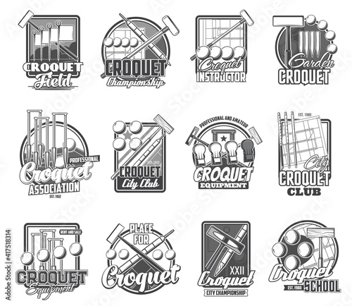 Croquet sport vector icons isolated mallet, peg and balls items. Sports club tournament, Croquet game school and equipment shop, wooden stick bat and pegs, mallet hammers or pins monochrome labels set