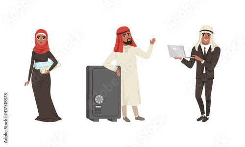 Arab Business People Wearing Traditional Muslim Clothing Set Cartoon Vector Illustration