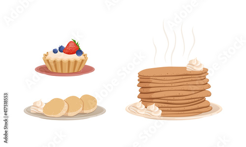 Tasty Desserts Set, Hot Pancakes and Cupcake with Fresh Berries Cartoon Vector Illustration