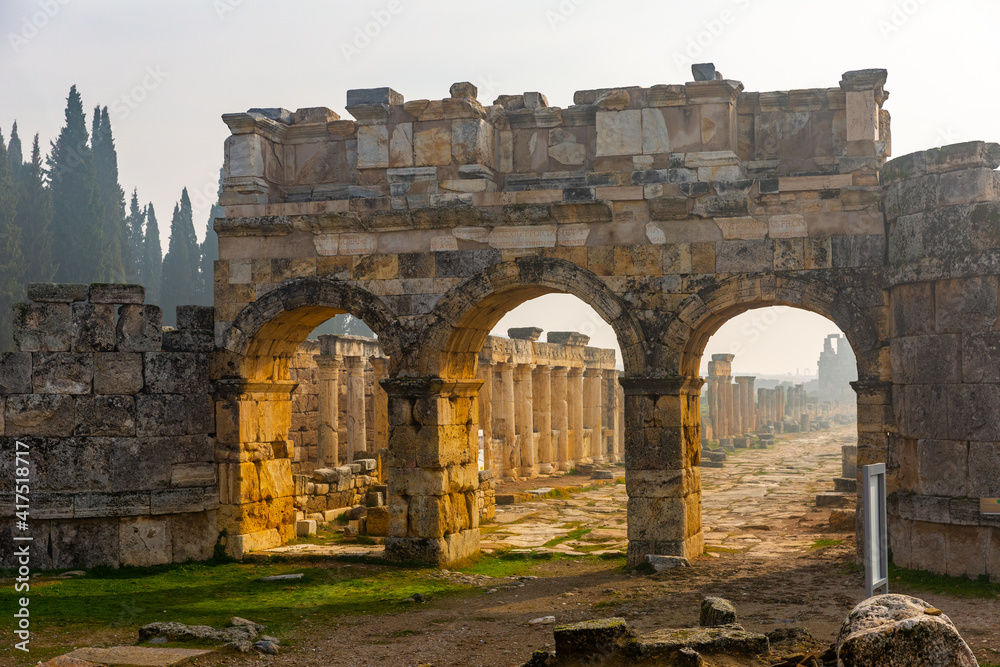 Well preserved Domitian or Frontinus Gate on main street of ancient Hellenistic city of Hierapolis, Phrygia, Turkey