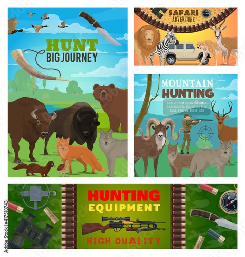 Hunting sport animals, hunter equipment and safari vector design. Wild bear, duck and deer, African lion, cheetah and antelope, hunter, rifle target, knife and compass, binoculars and bison banners